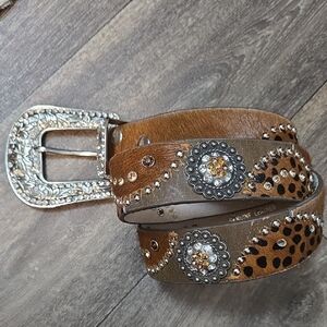 Nocona Leopard Print Hair On Hide Leather Belt with Ornate Silver Buckle